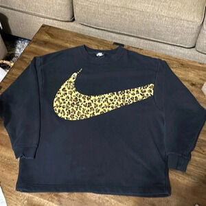 Nike Leopard Print Check Swoosh Black Sweatshirt Top L/S Round Neck WMN SM